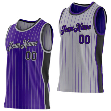Custom Purple Gray Pinstripe-Black Side Panels Reversible Double Side Sublimation Basketball Set Jersey