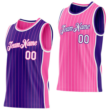 Custom Purple Pink Pinstripe-White Side Panels Reversible Double Side Sublimation Basketball Set Jersey