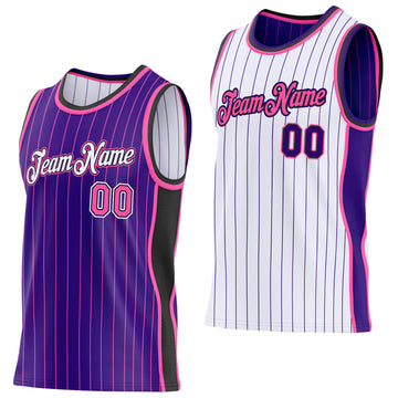 Custom Purple Pink Pinstripe Black-White Side Panels Reversible Double Side Sublimation Basketball Set Jersey