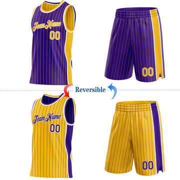 Custom Purple Gold Pinstripe-White Side Panels Reversible Double Side Sublimation Basketball Set Jersey
