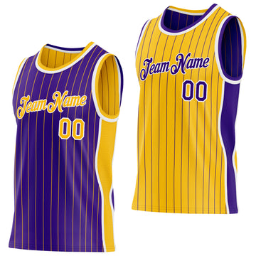 Custom Purple Gold Pinstripe-White Side Panels Reversible Double Side Sublimation Basketball Set Jersey