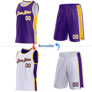 Custom Purple Gold Pinstripe-White Side Panels Reversible Double Side Sublimation Basketball Set Jersey