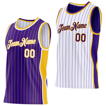 Custom Purple Gold Pinstripe-White Side Panels Reversible Double Side Sublimation Basketball Set Jersey