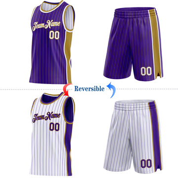 Custom Purple Old Gold Pinstripe-White Side Panels Reversible Double Side Sublimation Basketball Set Jersey