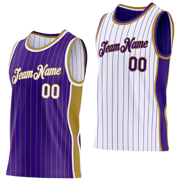 Custom Purple Old Gold Pinstripe-White Side Panels Reversible Double Side Sublimation Basketball Set Jersey