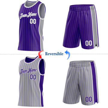 Custom Purple Gray Pinstripe-White Side Panels Reversible Double Side Sublimation Basketball Set Jersey