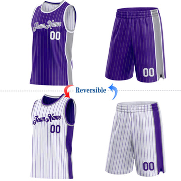 Custom Purple Gray Pinstripe-White Side Panels Reversible Double Side Sublimation Basketball Set Jersey