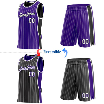 Custom Purple White Pinstripe-Black Side Panels Reversible Double Side Sublimation Basketball Set Jersey