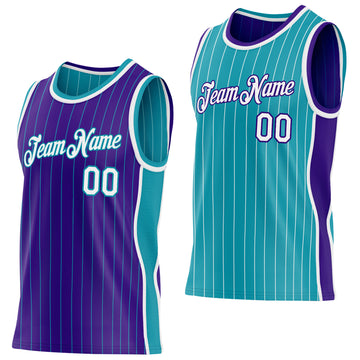 Custom Purple Teal Pinstripe-White Side Panels Reversible Double Side Sublimation Basketball Set Jersey