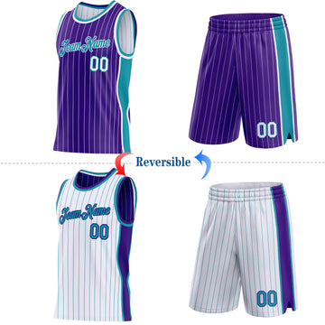 Custom Purple White Pinstripe-Teal Side Panels Reversible Double Side Sublimation Basketball Set Jersey