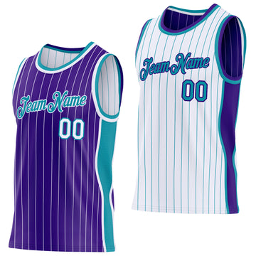 Custom Purple White Pinstripe-Teal Side Panels Reversible Double Side Sublimation Basketball Set Jersey