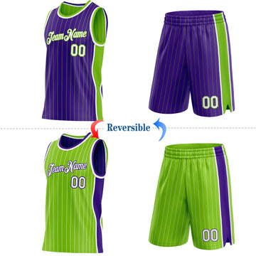 Custom Purple Neon Green Pinstripe-White Side Panels Reversible Double Side Sublimation Basketball Set Jersey