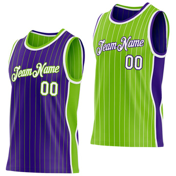 Custom Purple Neon Green Pinstripe-White Side Panels Reversible Double Side Sublimation Basketball Set Jersey