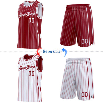 Custom Maroon White Pinstripe Side Panels Reversible Double Side Sublimation Basketball Set Jersey
