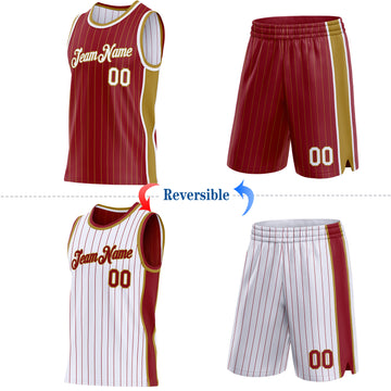 Custom Maroon Old Gold Pinstripe-White Side Panels Reversible Double Side Sublimation Basketball Set Jersey