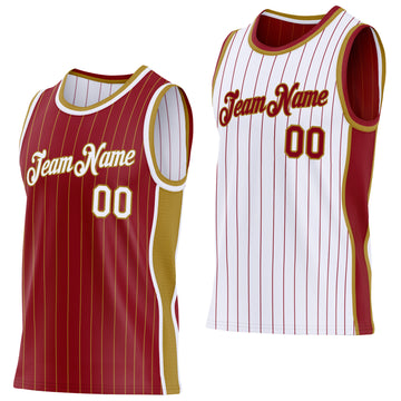 Custom Maroon Old Gold Pinstripe-White Side Panels Reversible Double Side Sublimation Basketball Set Jersey