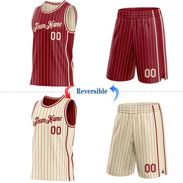 Custom Maroon Cream Pinstripe Side Panels Reversible Double Side Sublimation Basketball Set Jersey