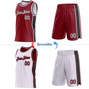 Custom Maroon Black Pinstripe-White Side Panels Reversible Double Side Sublimation Basketball Set Jersey