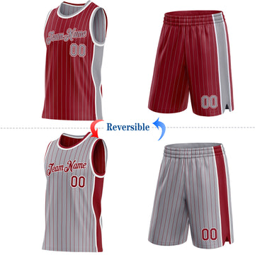 Custom Maroon Gray Pinstripe-White Side Panels Reversible Double Side Sublimation Basketball Set Jersey