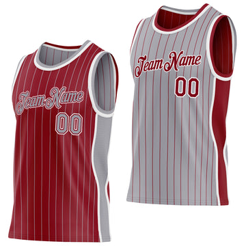 Custom Maroon Gray Pinstripe-White Side Panels Reversible Double Side Sublimation Basketball Set Jersey