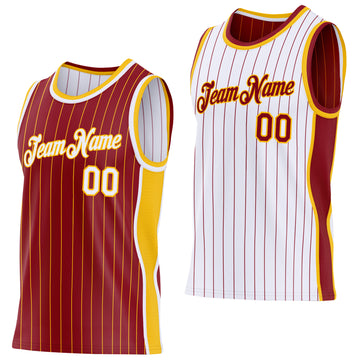 Custom Maroon Gold Pinstripe-White Side Panels Reversible Double Side Sublimation Basketball Set Jersey