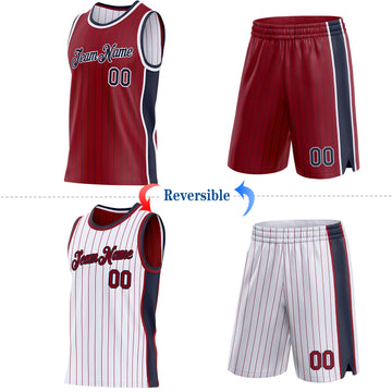 Custom Maroon Navy Pinstripe-White Side Panels Reversible Double Side Sublimation Basketball Set Jersey