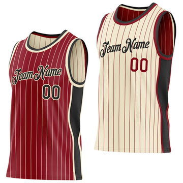 Custom Maroon Cream Pinstripe-Black Side Panels Reversible Double Side Sublimation Basketball Set Jersey