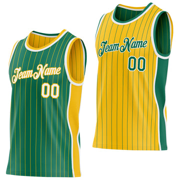 Custom Kelly Green Gold Pinstripe-White Side Panels Reversible Double Side Sublimation Basketball Set Jersey