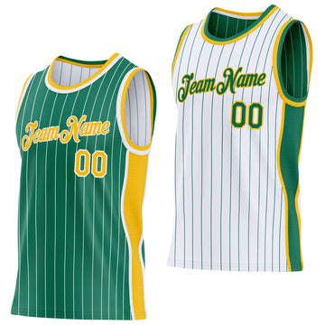 Custom Kelly Green White Pinstripe-Gold Side Panels Reversible Double Side Sublimation Basketball Set Jersey