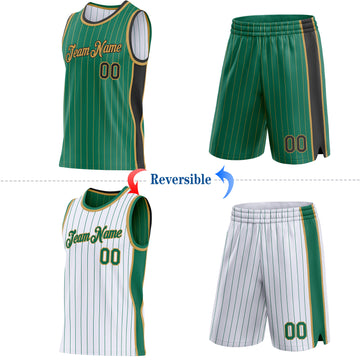 Custom Kelly Green Old Gold Pinstripe-Black Side Panels Reversible Double Side Sublimation Basketball Set Jersey