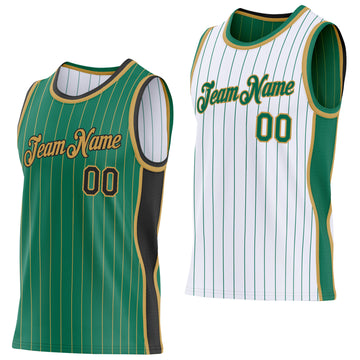 Custom Kelly Green Old Gold Pinstripe-Black Side Panels Reversible Double Side Sublimation Basketball Set Jersey