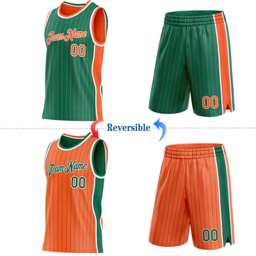 Custom Kelly Green Orange Pinstripe-White Side Panels Reversible Double Side Sublimation Basketball Set Jersey