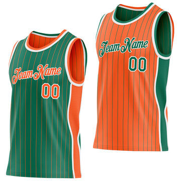 Custom Kelly Green Orange Pinstripe-White Side Panels Reversible Double Side Sublimation Basketball Set Jersey
