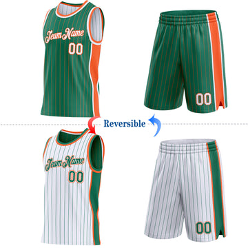 Custom Kelly Green Orange Pinstripe-White Side Panels Reversible Double Side Sublimation Basketball Set Jersey