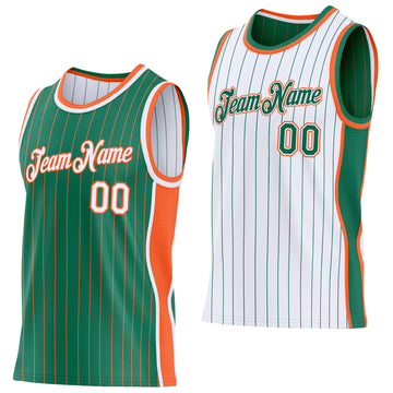 Custom Kelly Green Orange Pinstripe-White Side Panels Reversible Double Side Sublimation Basketball Set Jersey
