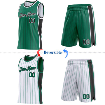 Custom Kelly Green Black Pinstripe-White Side Panels Reversible Double Side Sublimation Basketball Set Jersey
