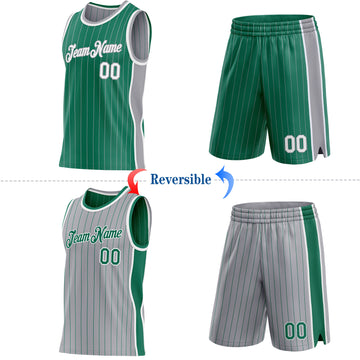 Custom Kelly Green Gray Pinstripe-White Side Panels Reversible Double Side Sublimation Basketball Set Jersey