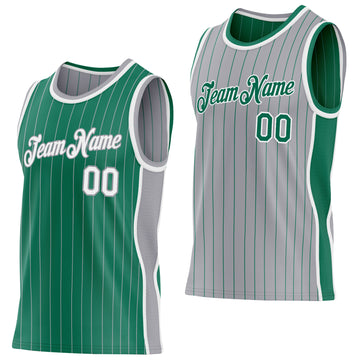 Custom Kelly Green Gray Pinstripe-White Side Panels Reversible Double Side Sublimation Basketball Set Jersey