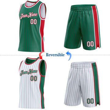 Custom Kelly Green Red Pinstripe-White Side Panels Reversible Double Side Sublimation Basketball Set Jersey