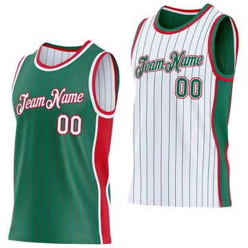 Custom Kelly Green Red Pinstripe-White Side Panels Reversible Double Side Sublimation Basketball Set Jersey