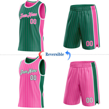 Custom Kelly Green Pink Pinstripe-White Side Panels Reversible Double Side Sublimation Basketball Set Jersey