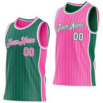 Custom Kelly Green Pink Pinstripe-White Side Panels Reversible Double Side Sublimation Basketball Set Jersey