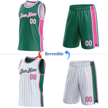 Custom Kelly Green Pink Pinstripe-White Side Panels Reversible Double Side Sublimation Basketball Set Jersey