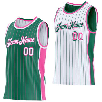 Custom Kelly Green Pink Pinstripe-White Side Panels Reversible Double Side Sublimation Basketball Set Jersey