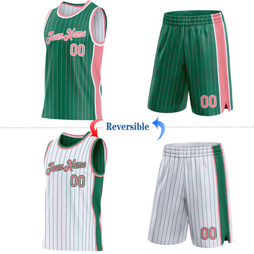 Custom Kelly Green Medium Pink Pinstripe-White Side Panels Reversible Double Side Sublimation Basketball Set Jersey