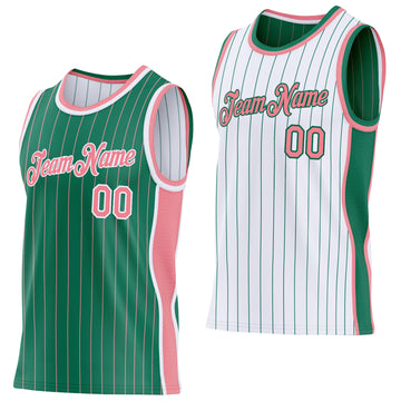 Custom Kelly Green Medium Pink Pinstripe-White Side Panels Reversible Double Side Sublimation Basketball Set Jersey
