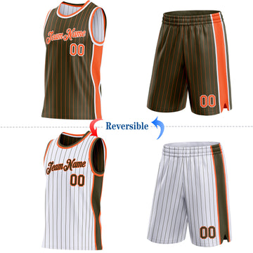 Custom Olive Orange Pinstripe-White Side Panels Reversible Double Side Sublimation Basketball Set Jersey