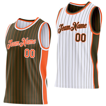 Custom Olive Orange Pinstripe-White Side Panels Reversible Double Side Sublimation Basketball Set Jersey