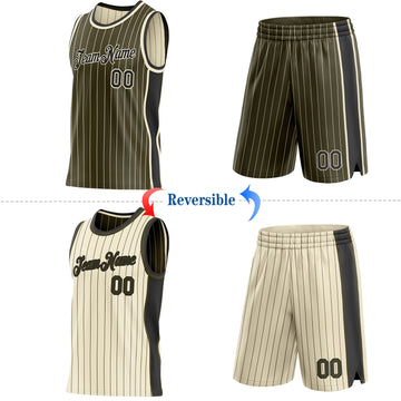 Custom Olive Cream Pinstripe-Black Side Panels Reversible Double Side Sublimation Basketball Set Jersey