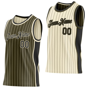 Custom Olive Cream Pinstripe-Black Side Panels Reversible Double Side Sublimation Basketball Set Jersey
